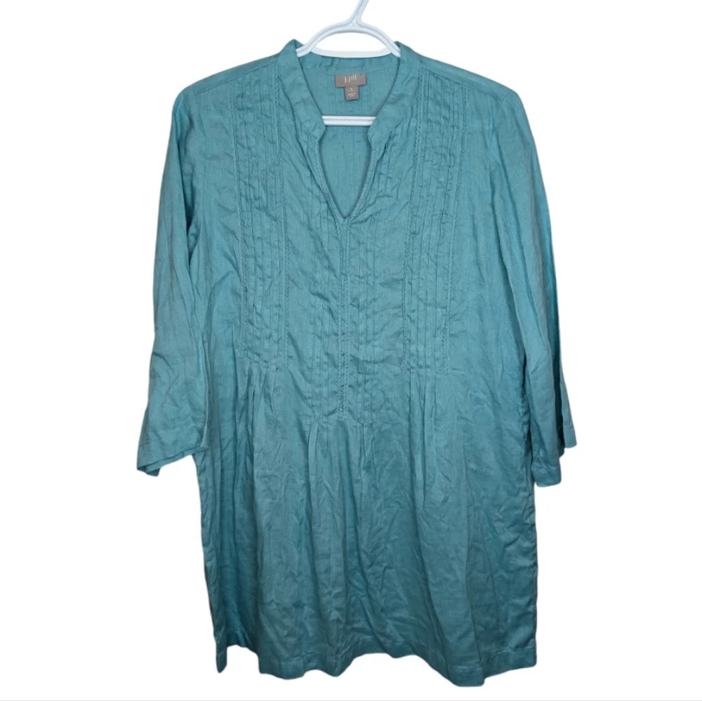J Jill Size M Pintuck  Pleat Tunic Top Half Sleeve 100% Linen Shirt Blouse Long